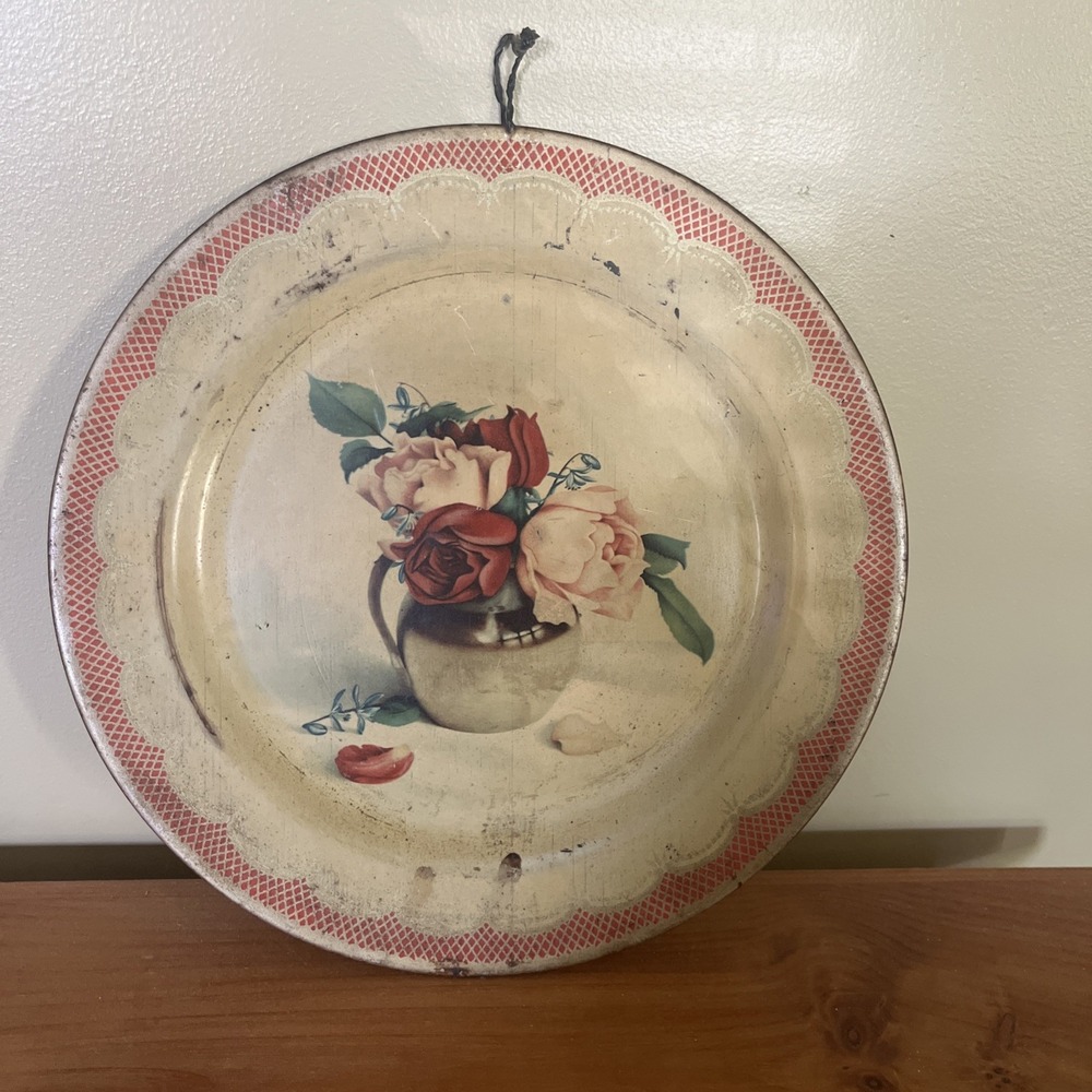 Vintage Baret Ware England Round Metal Tin Litho Tray Roses Red Cream Gold 10"